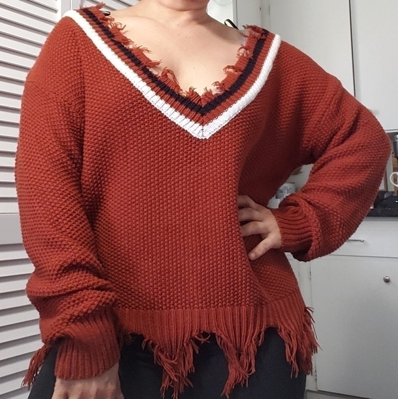 Distressed rib knit varsity collared sweater, Size S. - Picture 9 of 9